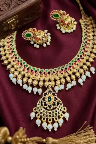 Gold plated south indian temple traditional indian jewelry set bollywood style bridal wedding choker set festive wear