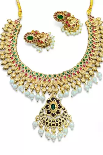 Gold plated south indian temple traditional indian jewelry set bollywood style bridal wedding choker set festive wear