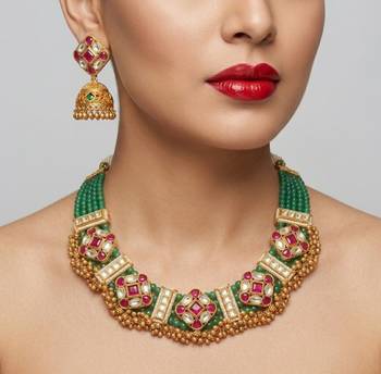 Kundan indian jewelry set with jhumka earrings | antique gold plated green choker bridal necklace for wedding 1