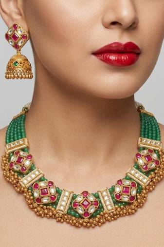 Kundan indian jewelry set with jhumka earrings | antique gold plated green choker bridal necklace for wedding