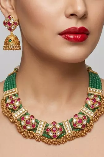 Kundan indian jewelry set with jhumka earrings | antique gold plated green choker bridal necklace for wedding