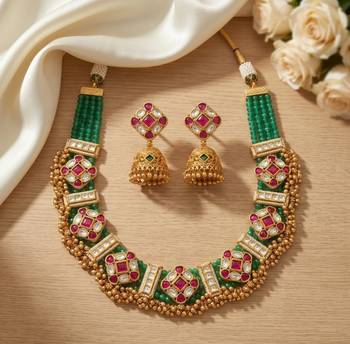 Kundan indian jewelry set with jhumka earrings | antique gold plated green choker bridal necklace for wedding 2
