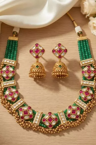 Kundan indian jewelry set with jhumka earrings | antique gold plated green choker bridal necklace for wedding
