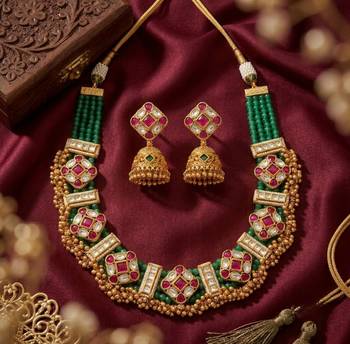 Kundan indian jewelry set with jhumka earrings | antique gold plated green choker bridal necklace for wedding 3