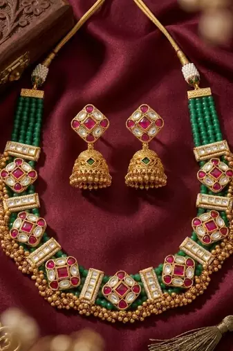 Kundan indian jewelry set with jhumka earrings | antique gold plated green choker bridal necklace for wedding