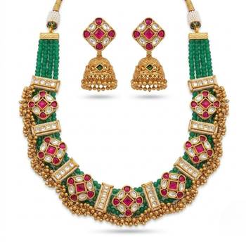 Kundan indian jewelry set with jhumka earrings | antique gold plated green choker bridal necklace for wedding 4