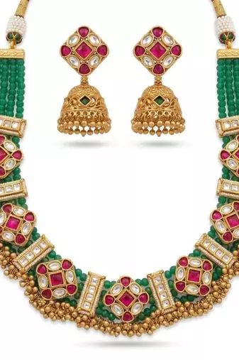 Kundan indian jewelry set with jhumka earrings | antique gold plated green choker bridal necklace for wedding