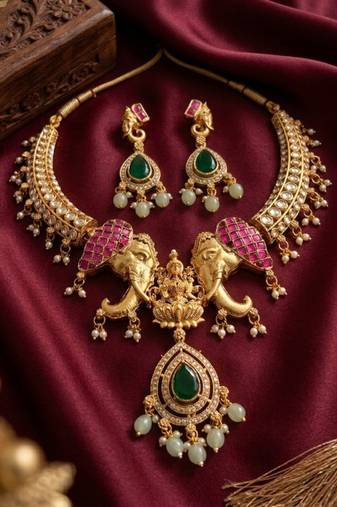 Antique gold temple jewelry set with kundan elephant motif necklace & earrings – indian bridal wedding choker