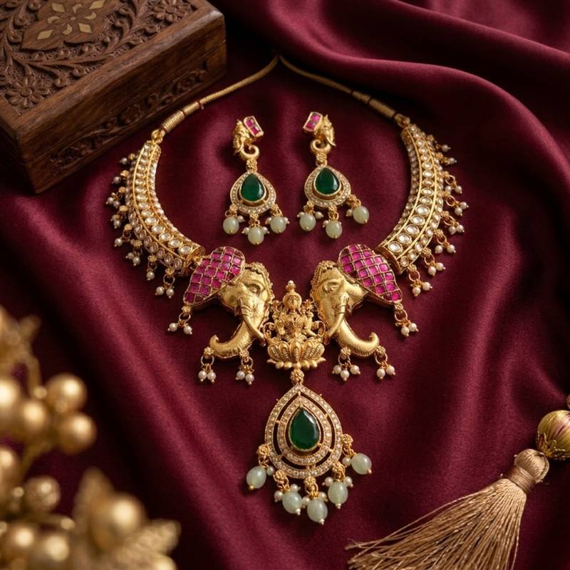 Antique gold temple jewelry set with kundan elephant motif necklace & earrings – indian bridal wedding choker
