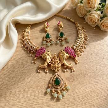 Antique gold temple jewelry set with kundan elephant motif necklace & earrings – indian bridal wedding choker 3