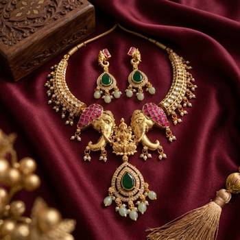Antique gold temple jewelry set with kundan elephant motif necklace & earrings – indian bridal wedding choker 4