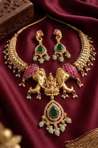 Antique gold temple jewelry set with kundan elephant motif necklace & earrings – indian bridal wedding choker