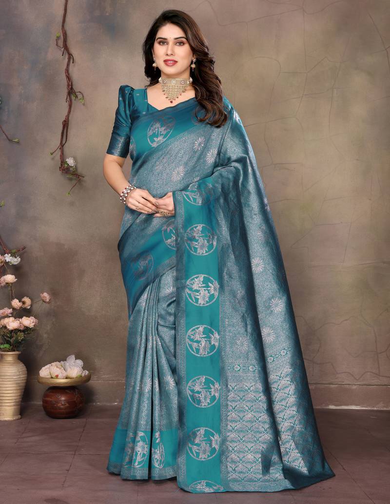 faux Kanjivaram banarasi jacquard silk blend saree with unstiched blouse piece