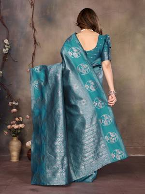faux Kanjivaram banarasi jacquard silk blend saree with unstiched blouse piece 3