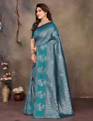 faux Kanjivaram banarasi jacquard silk blend saree with unstiched blouse piece 4