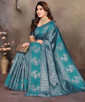 faux Kanjivaram banarasi jacquard silk blend saree with unstiched blouse piece 5