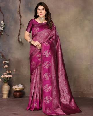 faux Kanjivaram banarasi jacquard silk blend saree with unstiched blouse piece 1