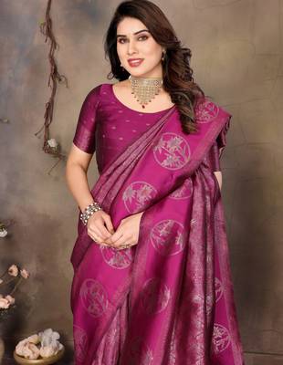 faux Kanjivaram banarasi jacquard silk blend saree with unstiched blouse piece 2