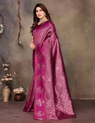 faux Kanjivaram banarasi jacquard silk blend saree with unstiched blouse piece 3