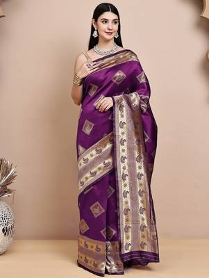 faux Kanjivaram banarasi jacquard silk blend saree with unstiched blouse piece 1