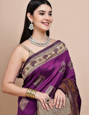 faux Kanjivaram banarasi jacquard silk blend saree with unstiched blouse piece 2