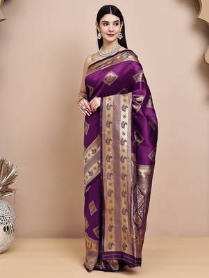 faux Kanjivaram banarasi jacquard silk blend saree with unstiched blouse piece 5