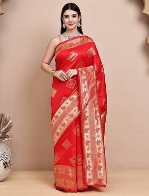faux Kanjivaram banarasi jacquard silk blend saree with unstiched blouse piece 1