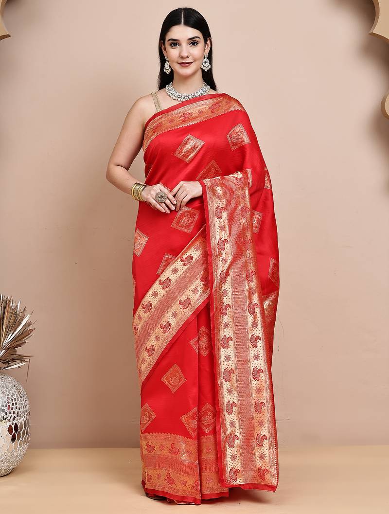 faux Kanjivaram banarasi jacquard silk blend saree with unstiched blouse piece
