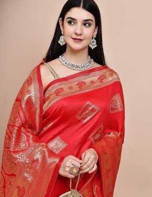 faux Kanjivaram banarasi jacquard silk blend saree with unstiched blouse piece 2
