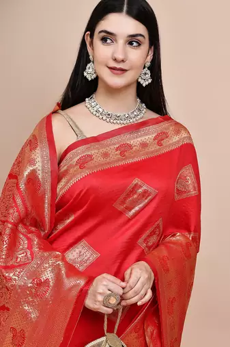 faux Kanjivaram banarasi jacquard silk blend saree with unstiched blouse piece