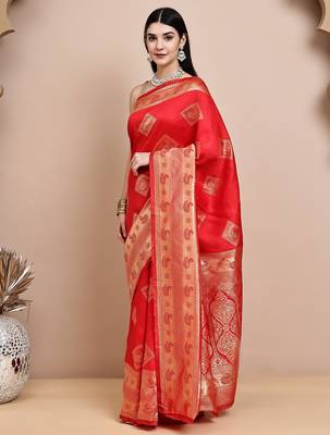 faux Kanjivaram banarasi jacquard silk blend saree with unstiched blouse piece 3