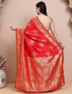 faux Kanjivaram banarasi jacquard silk blend saree with unstiched blouse piece 4