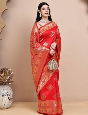 faux Kanjivaram banarasi jacquard silk blend saree with unstiched blouse piece 5