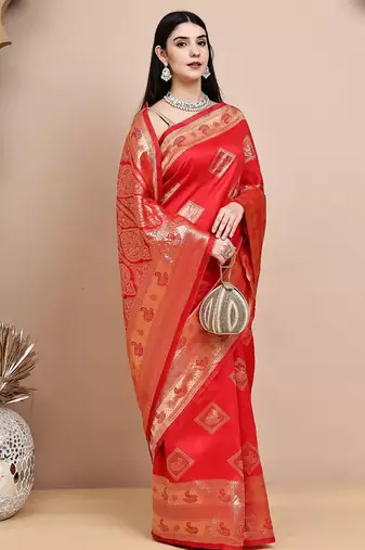 faux Kanjivaram banarasi jacquard silk blend saree with unstiched blouse piece