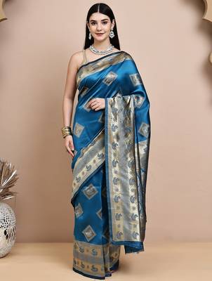 faux Kanjivaram banarasi jacquard silk blend saree with unstiched blouse piece 1