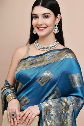 faux Kanjivaram banarasi jacquard silk blend saree with unstiched blouse piece