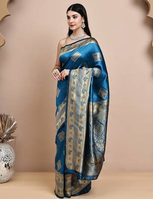 faux Kanjivaram banarasi jacquard silk blend saree with unstiched blouse piece 3