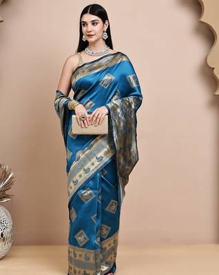 faux Kanjivaram banarasi jacquard silk blend saree with unstiched blouse piece 5