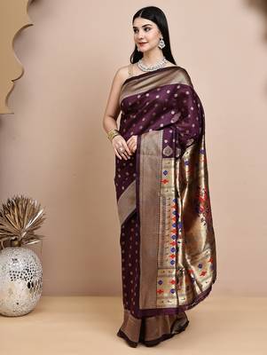 faux Kanjivaram banarasi jacquard silk blend saree with unstiched blouse piece 4
