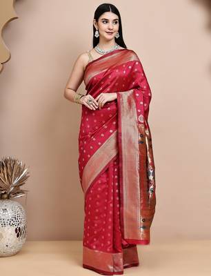 faux Kanjivaram banarasi jacquard silk blend saree with unstiched blouse piece 1