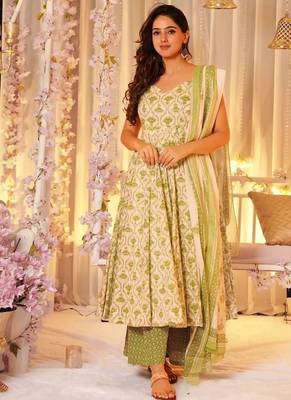 Cream green floral printed pure muslin a-line kurta set with dupatta 1