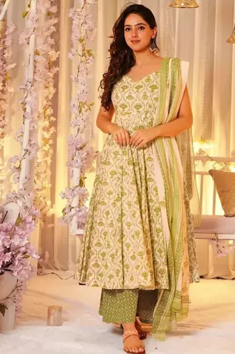 Cream green floral printed pure muslin a-line kurta set with dupatta