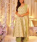 Cream green floral printed pure muslin a-line kurta set with dupatta