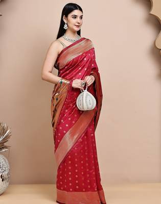 faux Kanjivaram banarasi jacquard silk blend saree with unstiched blouse piece 4