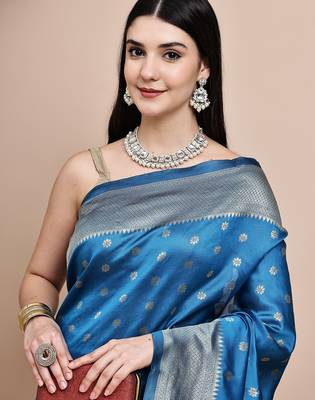 faux Kanjivaram banarasi jacquard silk blend saree with unstiched blouse piece 3