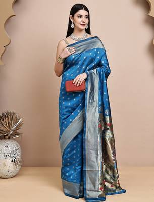 faux Kanjivaram banarasi jacquard silk blend saree with unstiched blouse piece 5