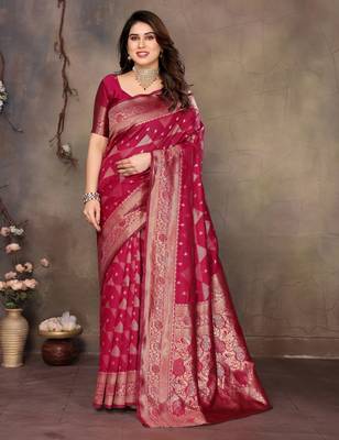 faux Kanjivaram banarasi jacquard silk blend saree with unstiched blouse piece 2