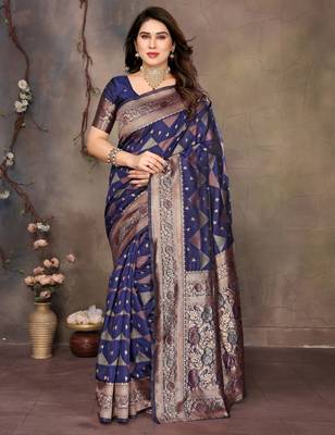 faux Kanjivaram banarasi jacquard silk blend saree with unstiched blouse piece 1