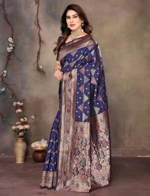 faux Kanjivaram banarasi jacquard silk blend saree with unstiched blouse piece 4