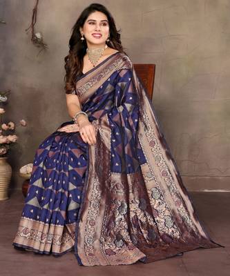 faux Kanjivaram banarasi jacquard silk blend saree with unstiched blouse piece 5